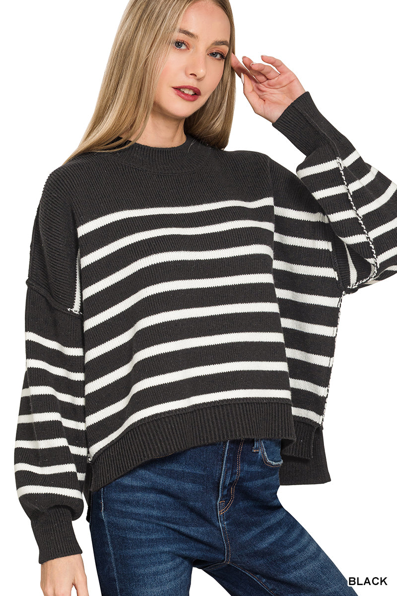 Zenana-EXPOSED SEAM STRIPED OVERSIZED SWEATER