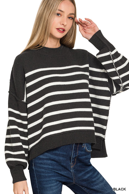 Zenana-EXPOSED SEAM STRIPED OVERSIZED SWEATER