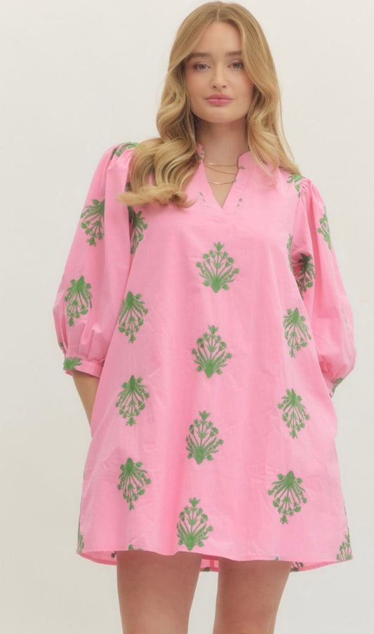 Entro Embroidered 3/4 puff sleeve mini dress.