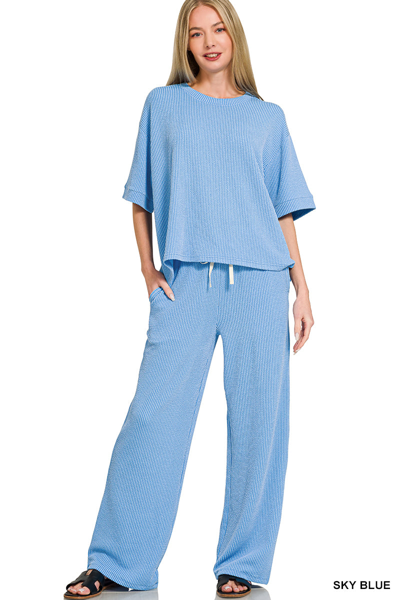 Zenana-RAISED RIB SHORT SLEEVE TEE & PANTS SET