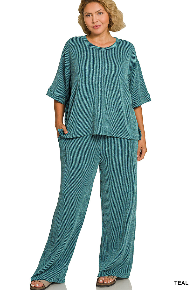 PLUS-Zenana RAISED RIB SHORT SLEEVE TEE & PANTS SET