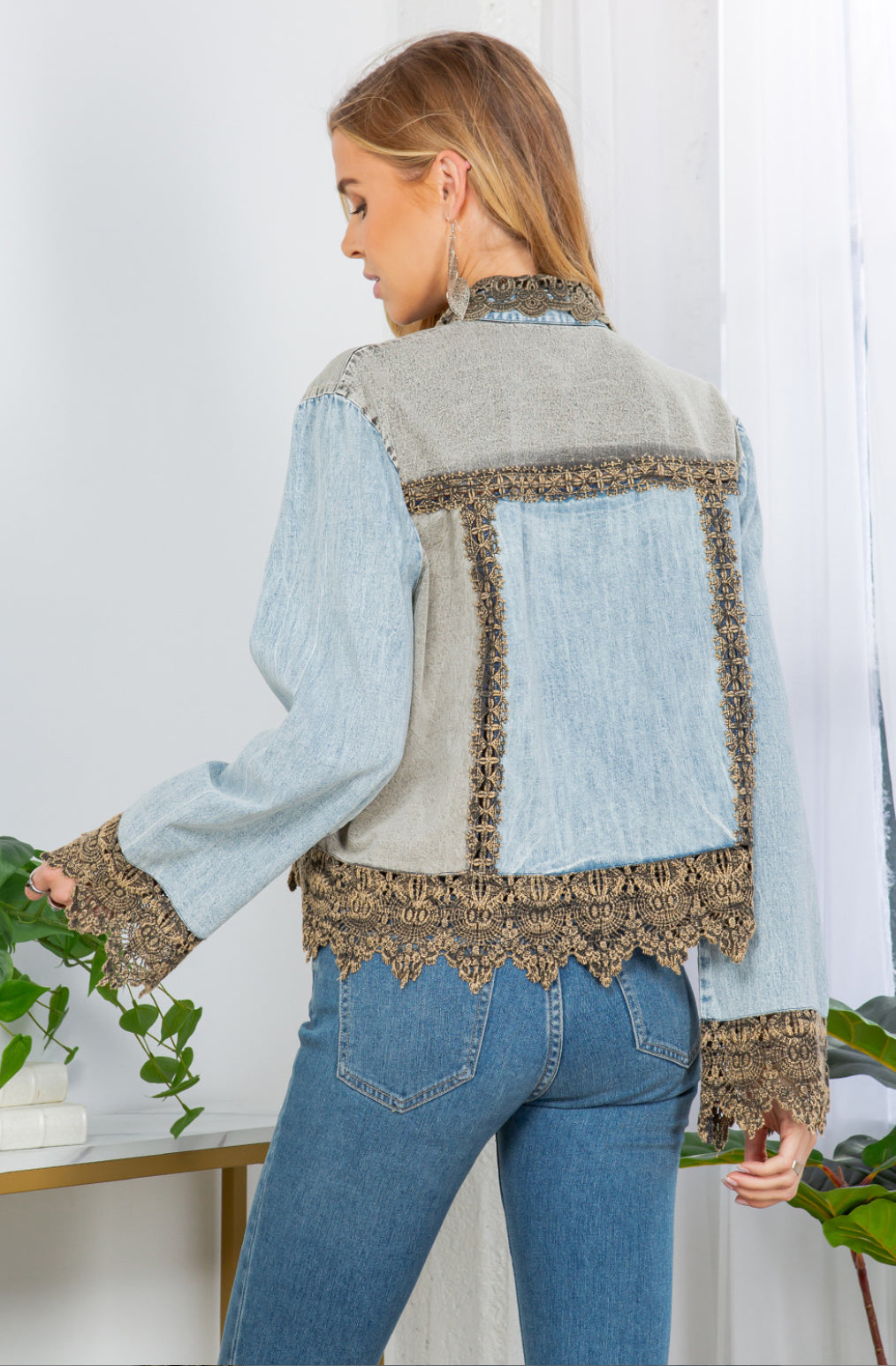 Cropped Denim Patchwork Jacket with Lace Inserts