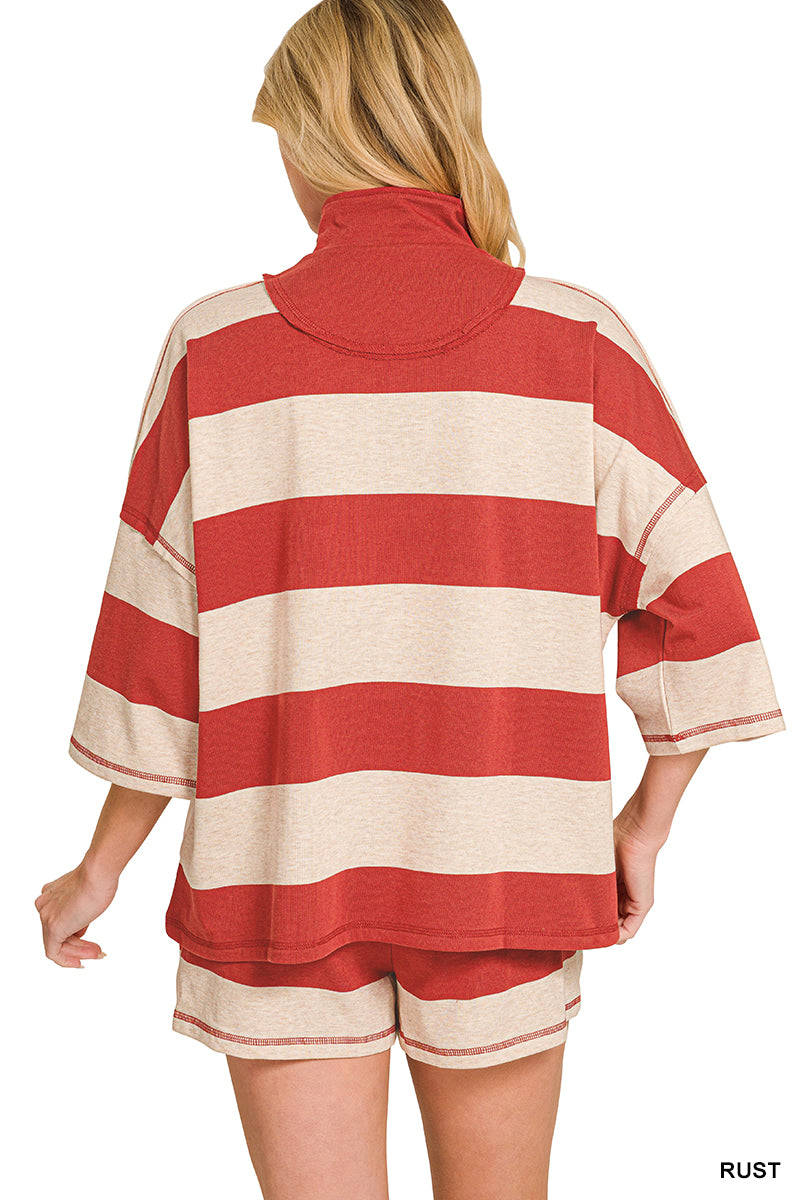 Zenana-TERRY STRIPED HALF ZIP HIGH NECK TOP & SHORTS SET