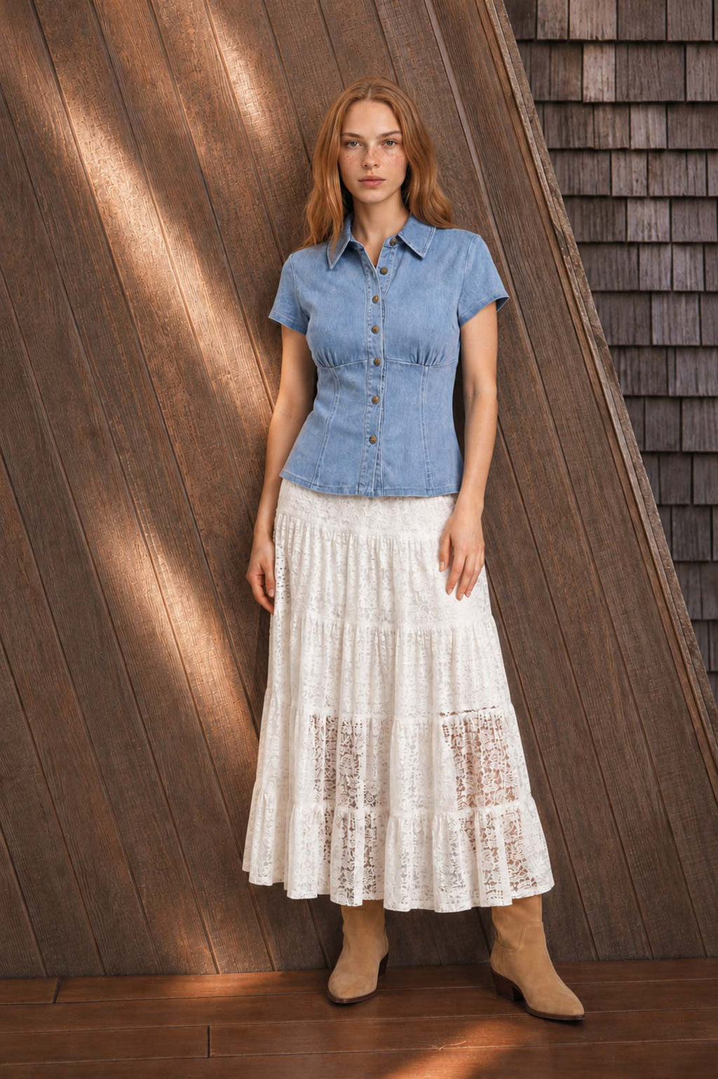 Blu Pepper-COLLARED BUTTON DOWN CINCHED WAIST DENIM TOP