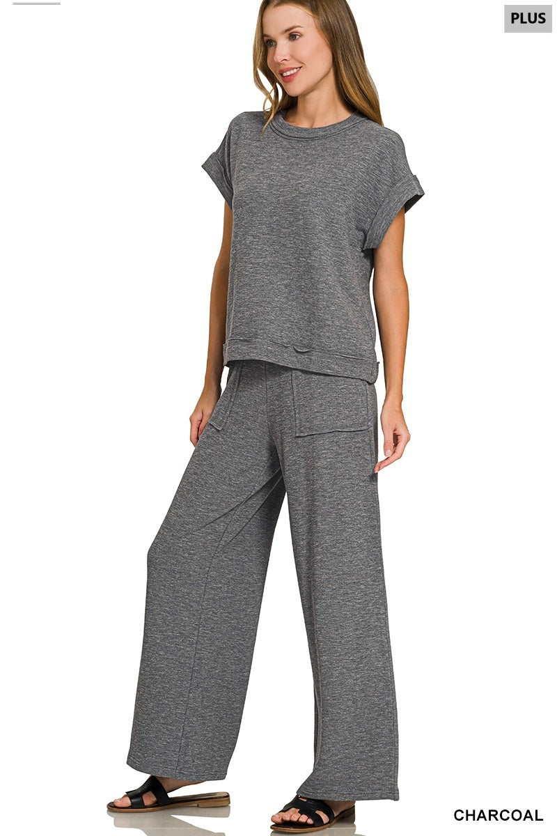 Zenana-PLUS SLUB SHORT SLEEVE TEE & LONG PANTS SET
