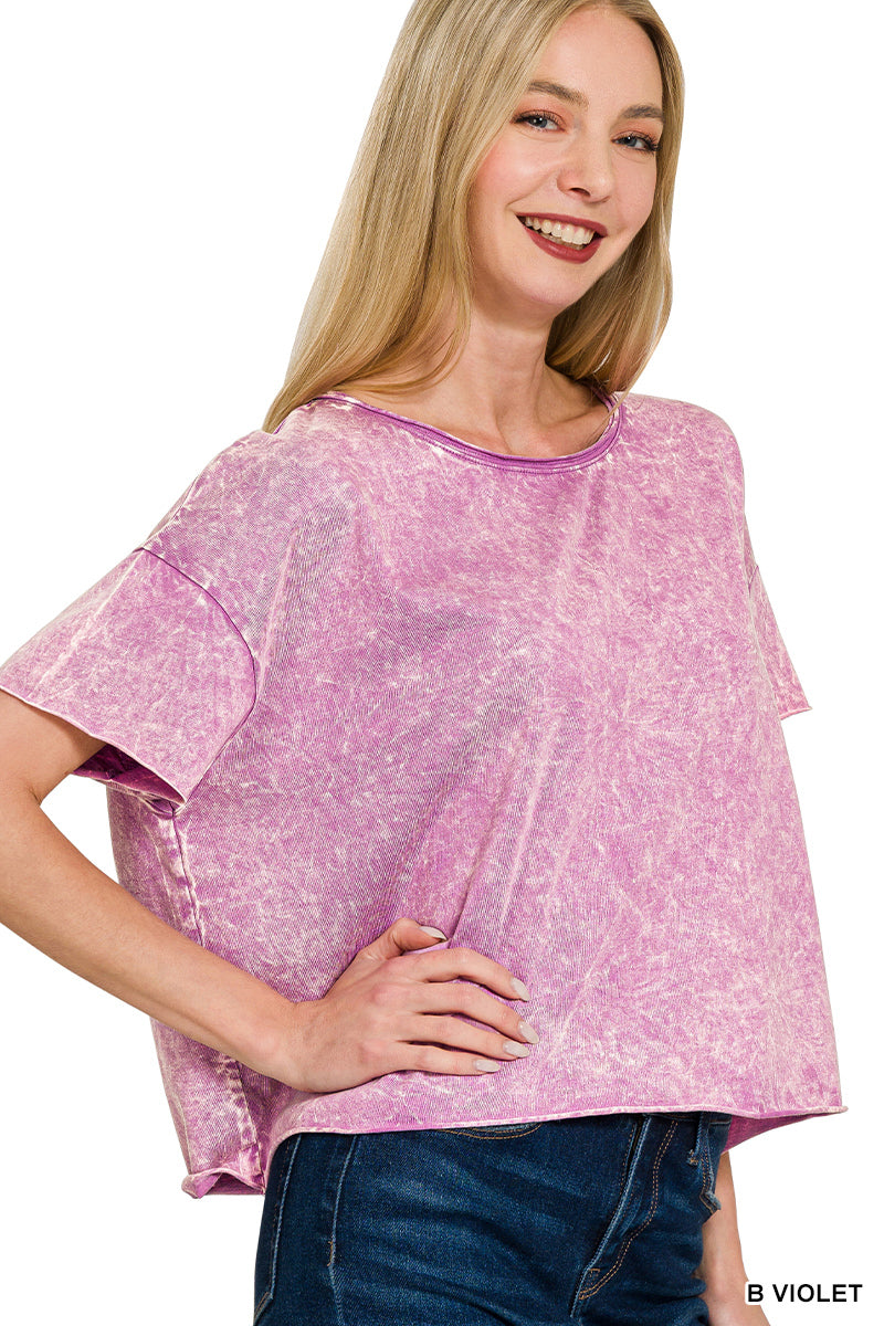 Zenana-CRINKLE WASHED CREW NECK SHORT SLEEVE CROP BOX TEE