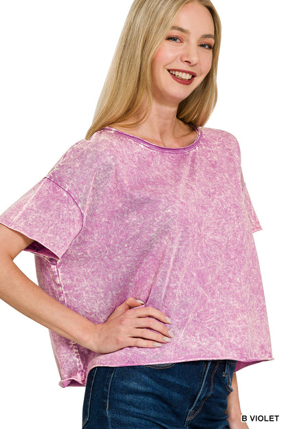 Zenana-CRINKLE WASHED CREW NECK SHORT SLEEVE CROP BOX TEE