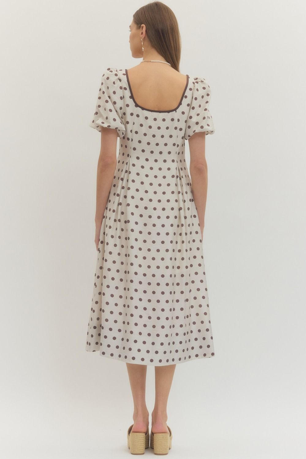 Entro Polka dot short puff sleeve midi dress.
