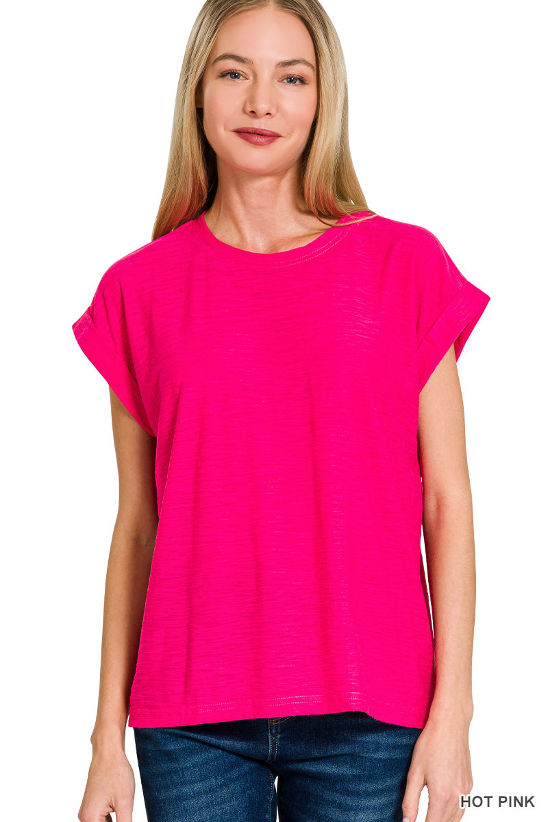 Zenana- SLUB CUFFED SLEEVE TEE