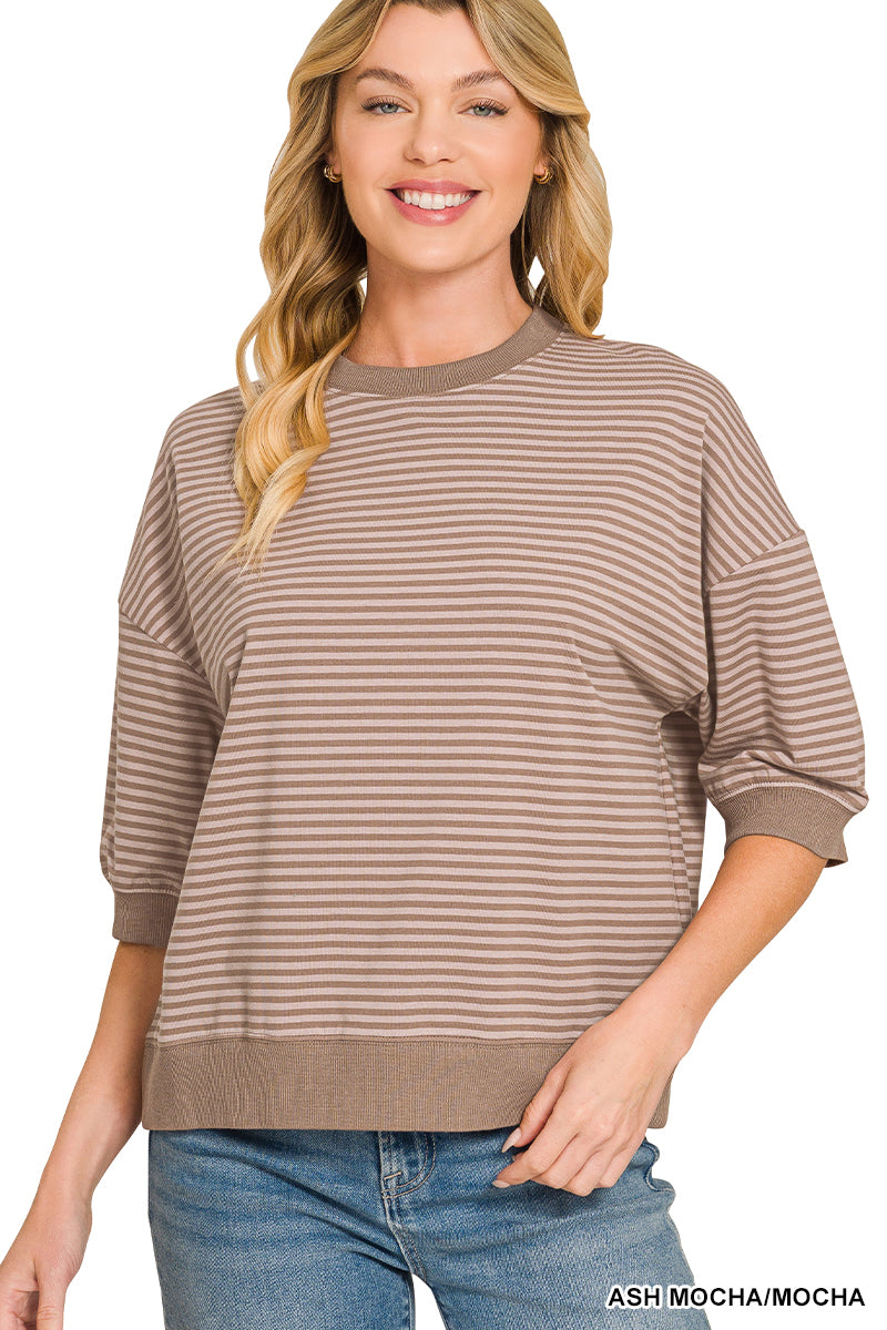 Zenana-STRIPED CONTRAST TRIM RIB BANDED TOP