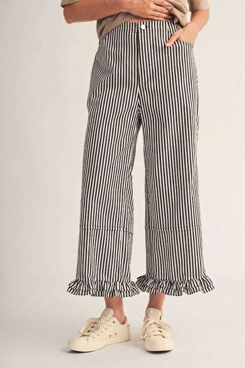 Jodifl-Wide leg stripe casual pants with ruffle hem.