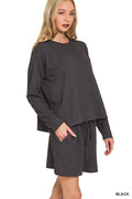 Zenana-RAISED RIB LONG SLEEVE TEE & SHORTS SET