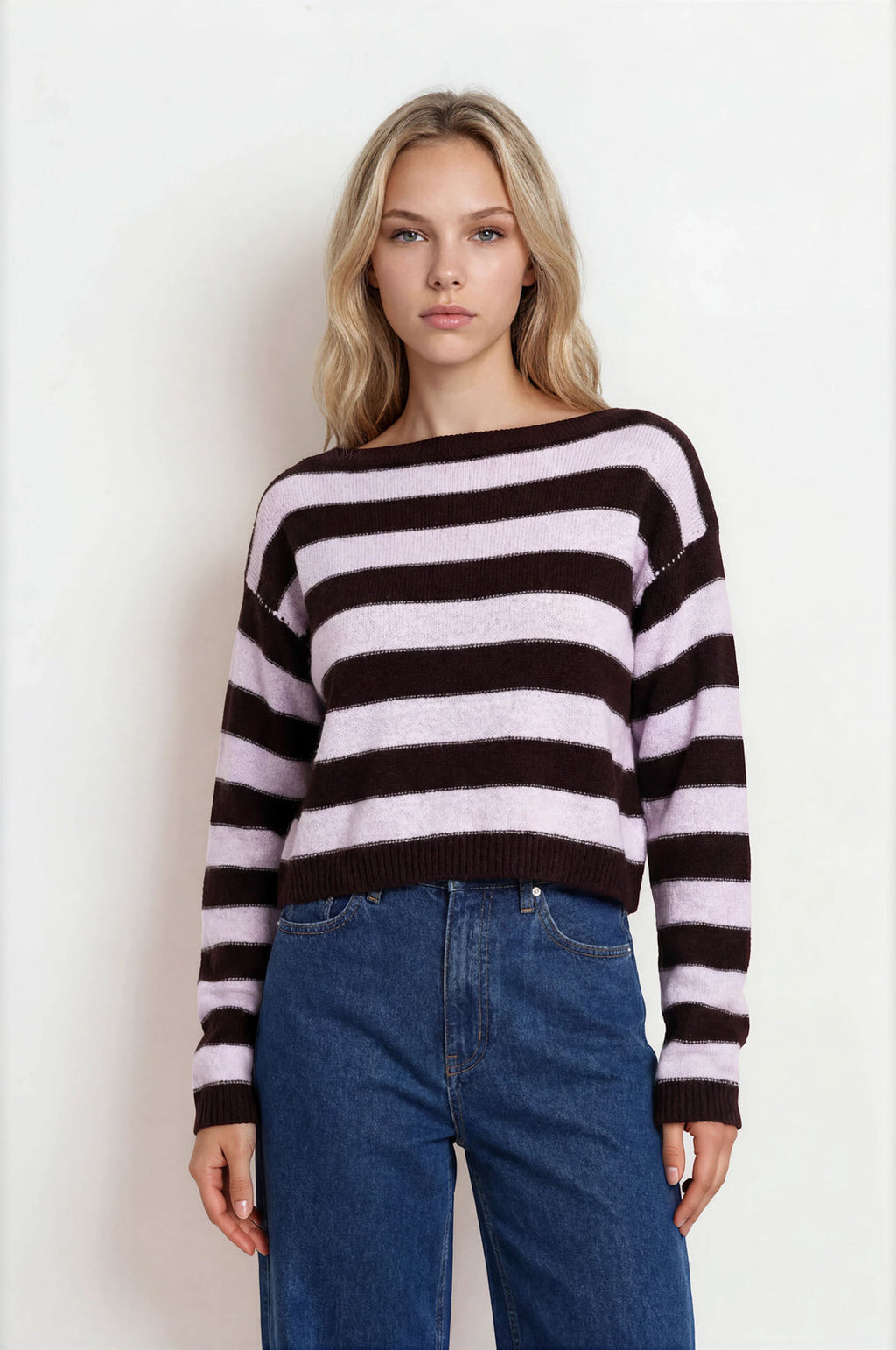 Blu Pepper-STRIPE EXPOSED SEAM LONG SLEEVE CROPPED SWEATER
