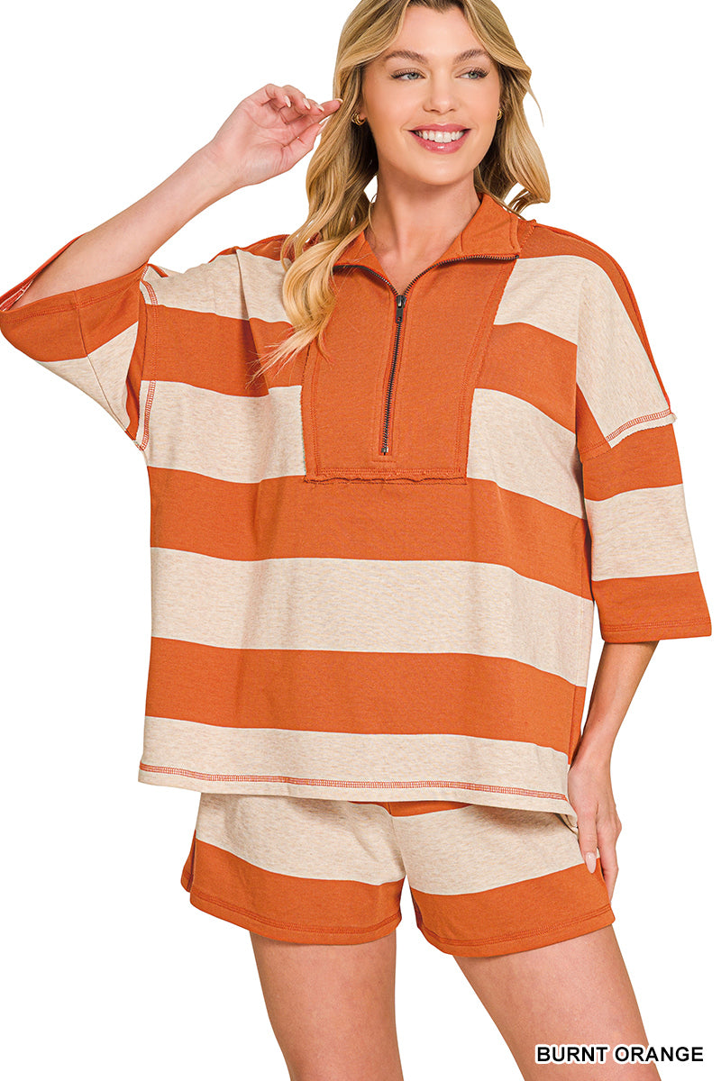 Zenana-TERRY STRIPED HALF ZIP HIGH NECK TOP & SHORTS SET