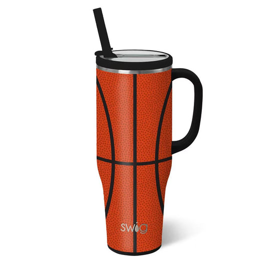 Basketball-patterned mug with handle and straw on a white background