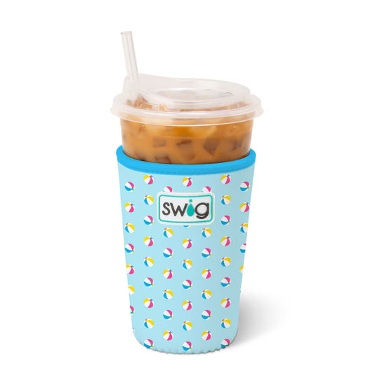 Cup sleeve with colorful beach ball pattern and 'swig' brand logo on a white background