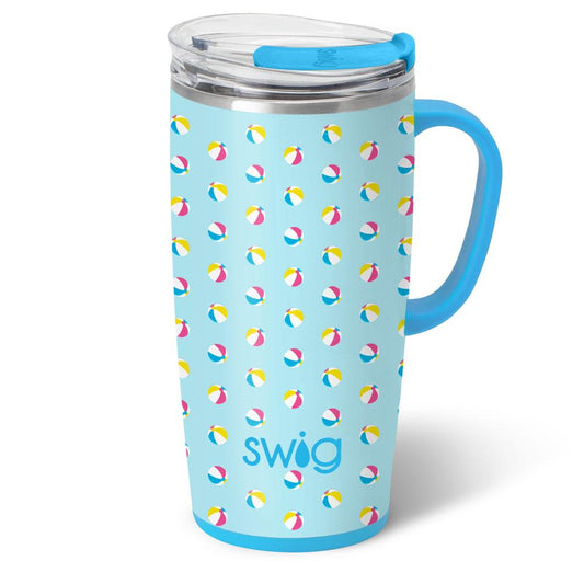 Blue mug with beach ball pattern and 'Swig' logo on a white background