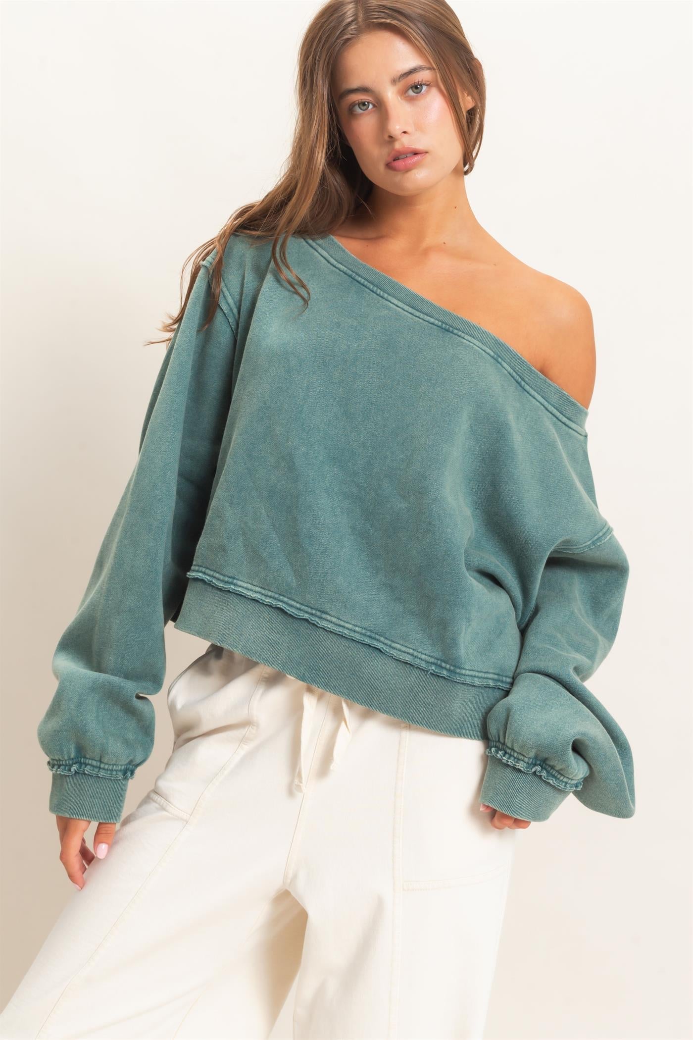 Hyfve- Raw Edge Acid Wash Off The Shoulder Sweatshirt
