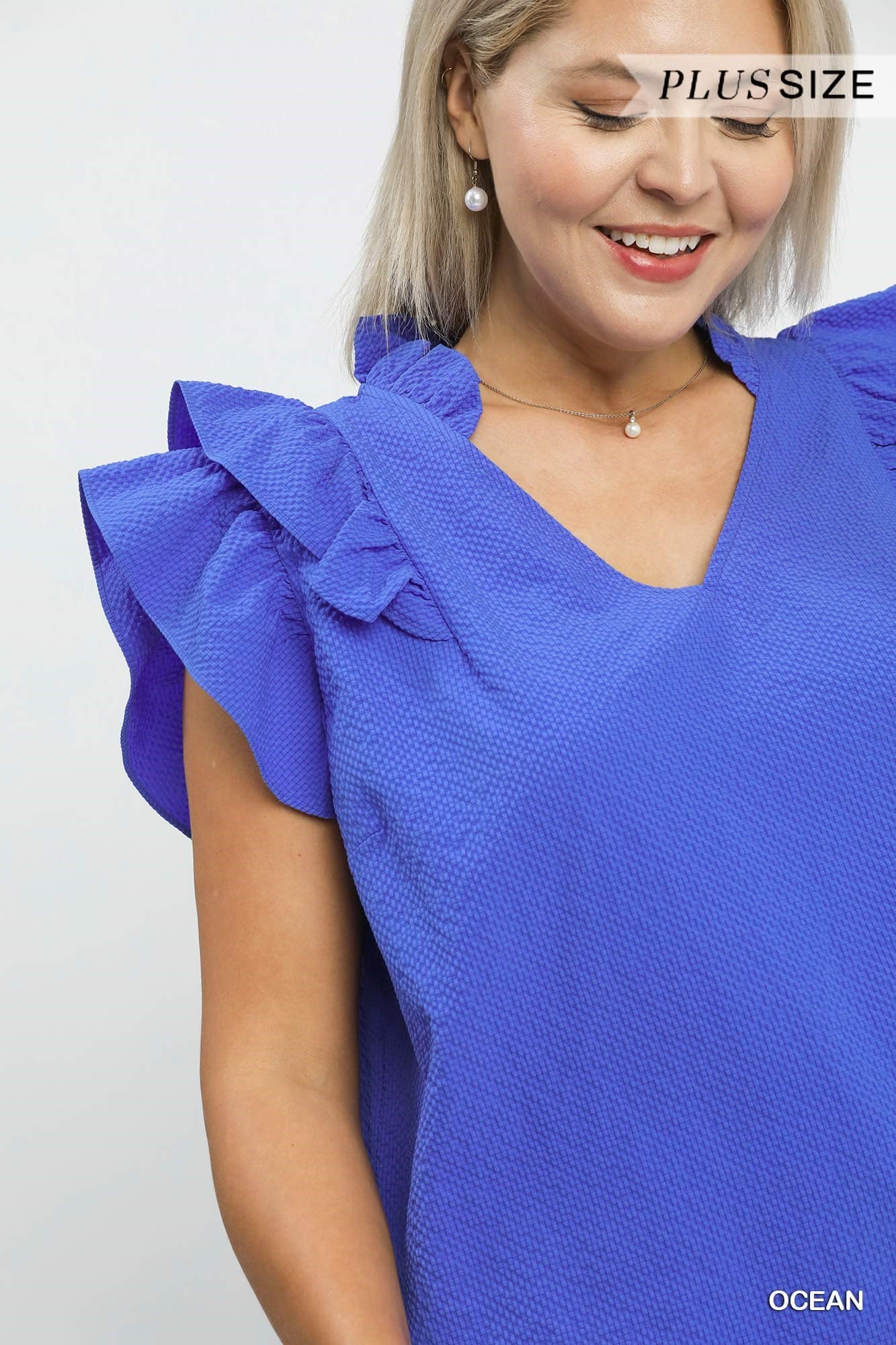 Plus Size Umgee Textured Ruffle Sleeve V-Neck Blouse
