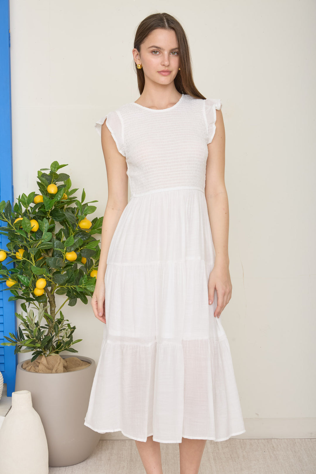 Blu Pepper TIERED SMOCKED SHORT SLEEVE MIDI DRESS
