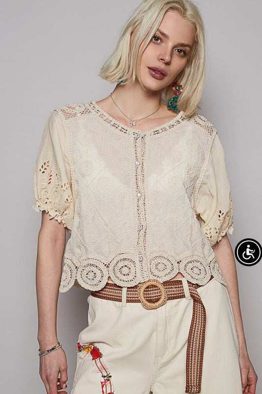 Women’s Crochet Balloon Sleeve Cardigan Abstract Print Kimono Sleeve