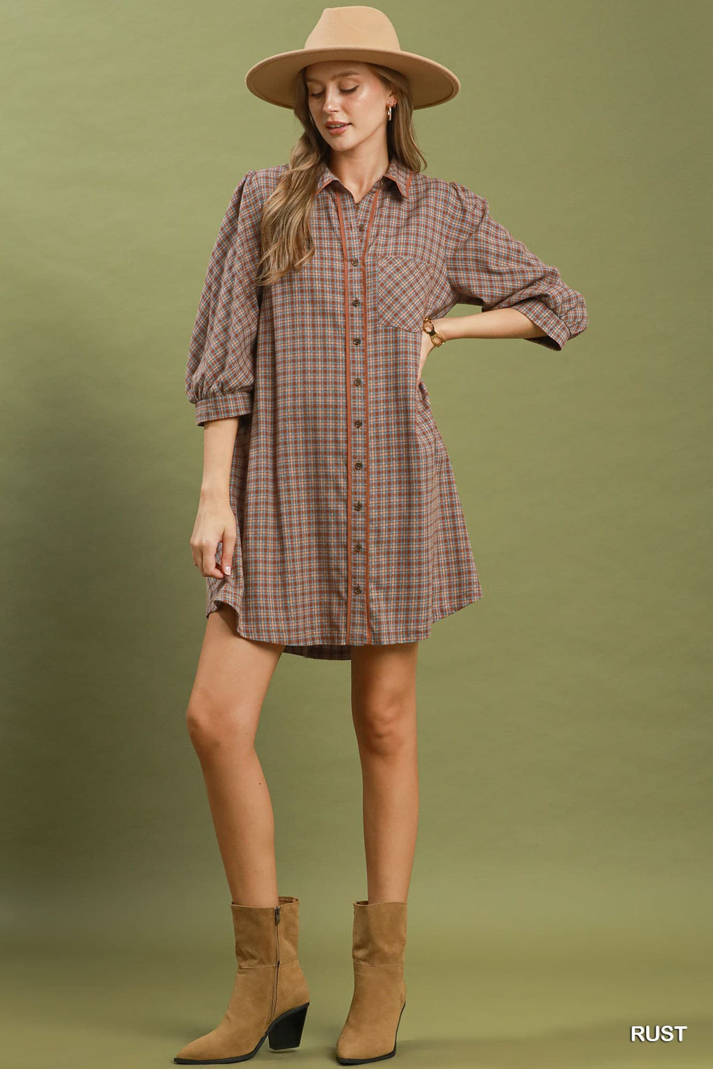 Umgee-Plaid Button Down Oversized Shirt Dress