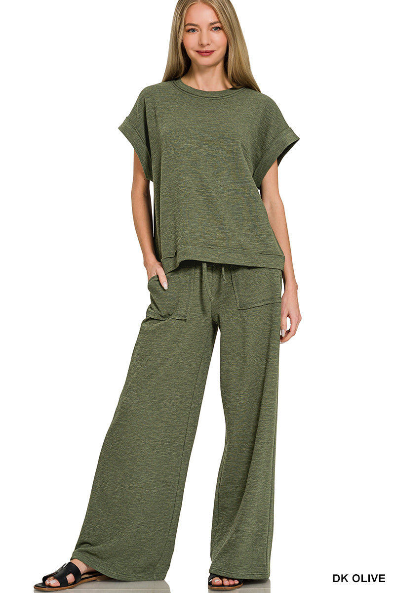 Zenana COTTON SLUB SHORT SLEEVE TEE & LONG PANTS SET