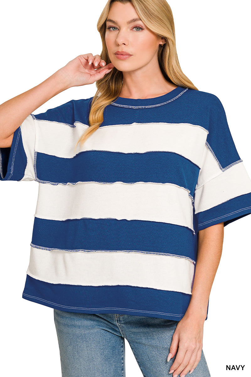 Zenana-FRENCH TERRY STRIPED EXPOSED SEAM TOP