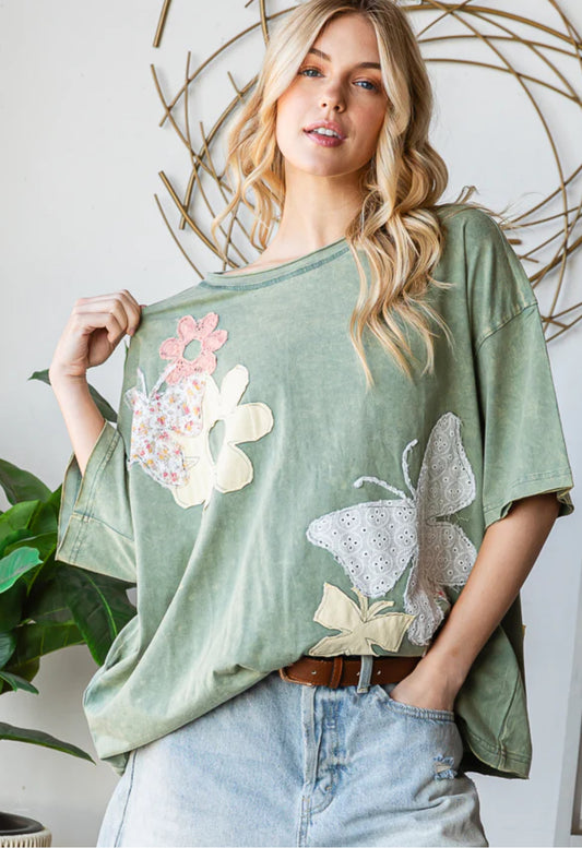 Green Flower & Butterfly Top