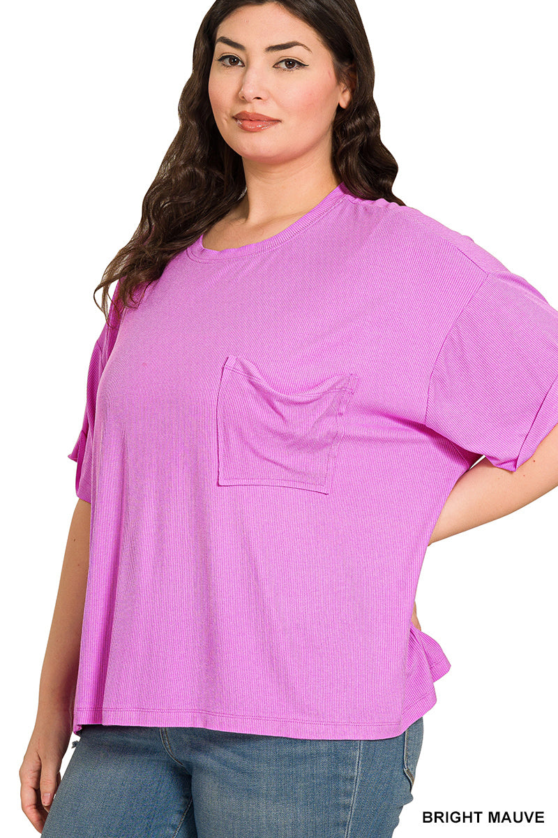 Zenana-PLUS OVERSIZED RIBBED ROUND NECK SHORT SLEEVE TEE