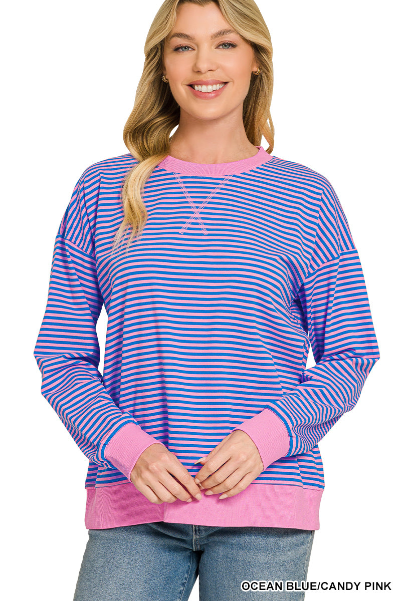 Zenana-STRIPED RIB BANDED PULLOVER