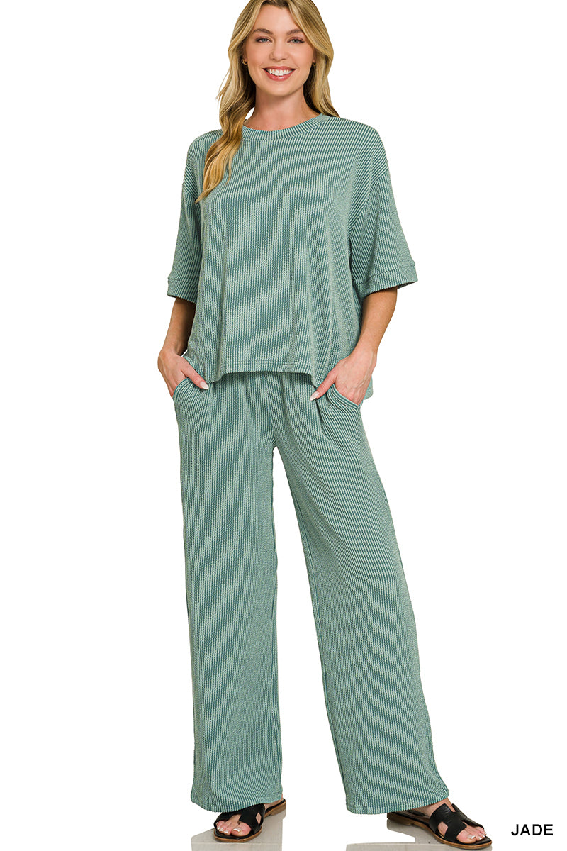 Zenana-RAISED RIB SHORT SLEEVE TEE & PANTS SET