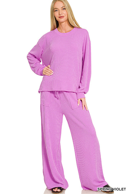 Zenana-Raised Rib pant set w/pockets