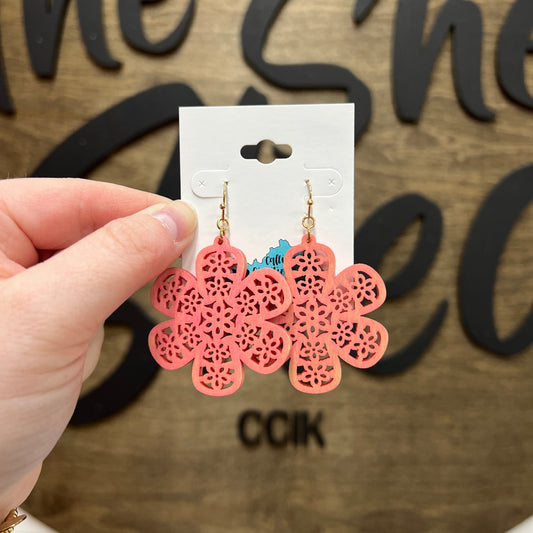 Pink Wooden Flower Earrings
