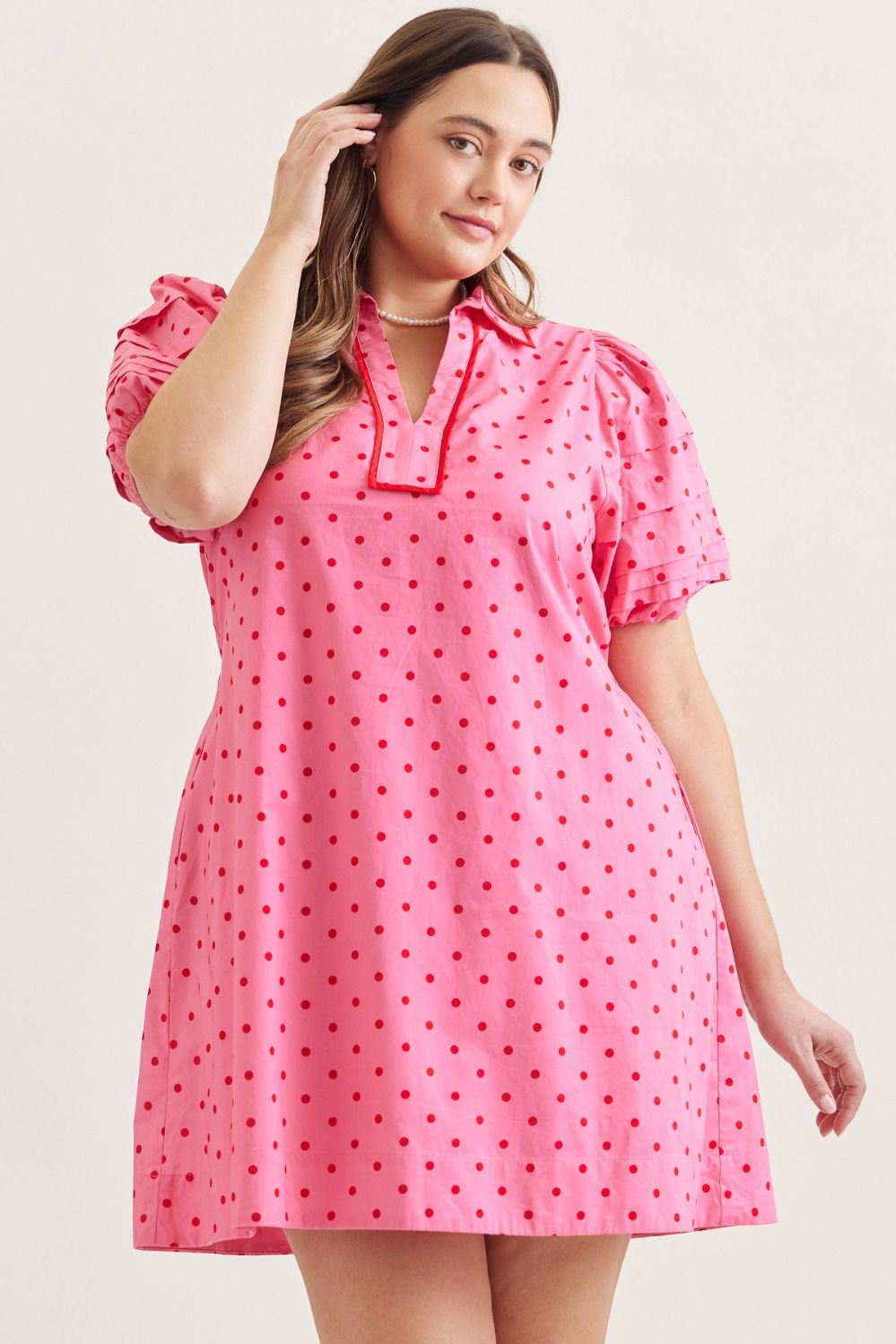 Plus Size Entro Polka dot short puff sleeve mini dress.