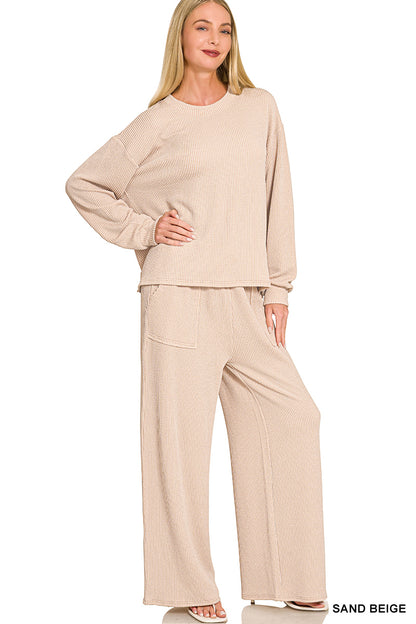 Zenana-Raised Rib pant set w/pockets