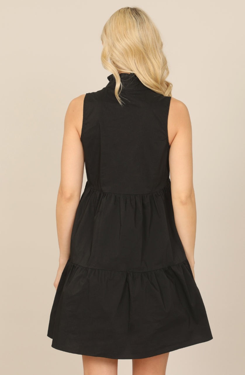 BB-Black Ruffle Notch High Neck Sleeveless Tiered Mini Dress