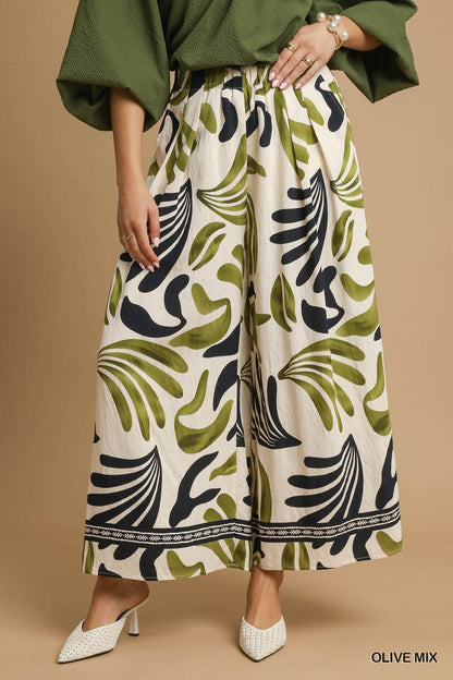 Umgee Mix Tropical Leaf Print Wide Leg Pants