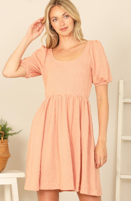 Peach Scoop Neck Ribbon Back Textured Solid Dress | USA Boutique Style