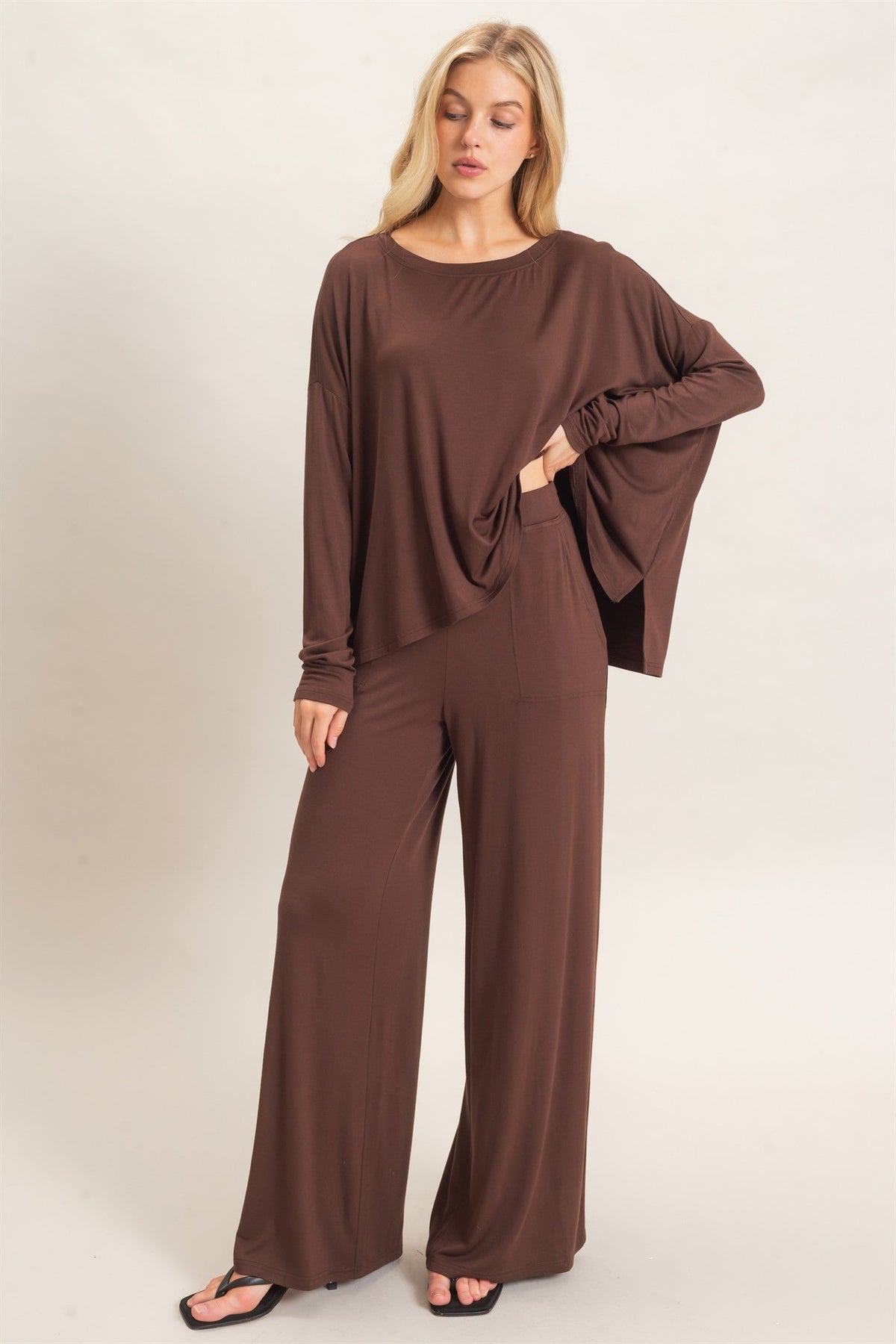 Hyfve-Boat Neck Boxy Top, Wide-Leg Elastic Waist Pants