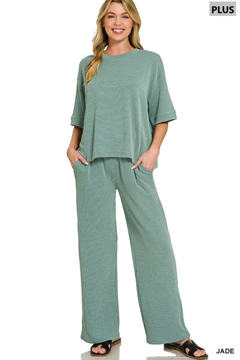 PLUS-Zenana RAISED RIB SHORT SLEEVE TEE & PANTS SET