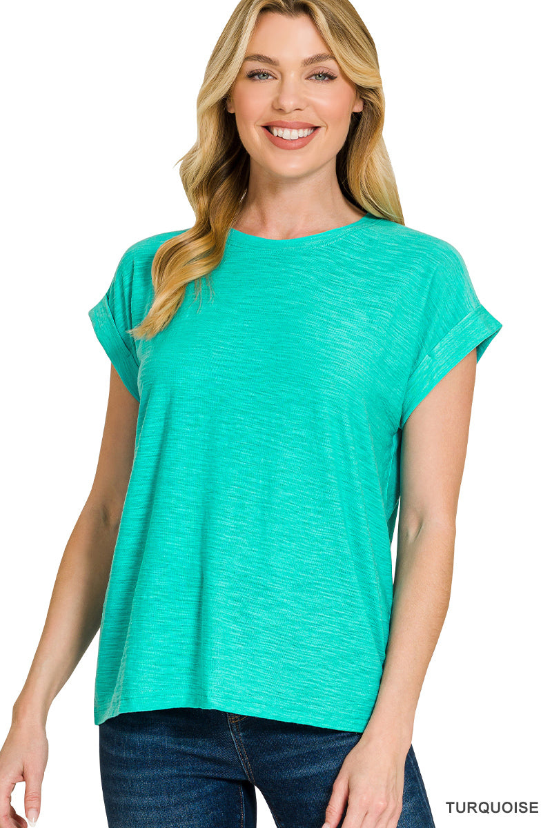 Zenana- SLUB CUFFED SLEEVE TEE