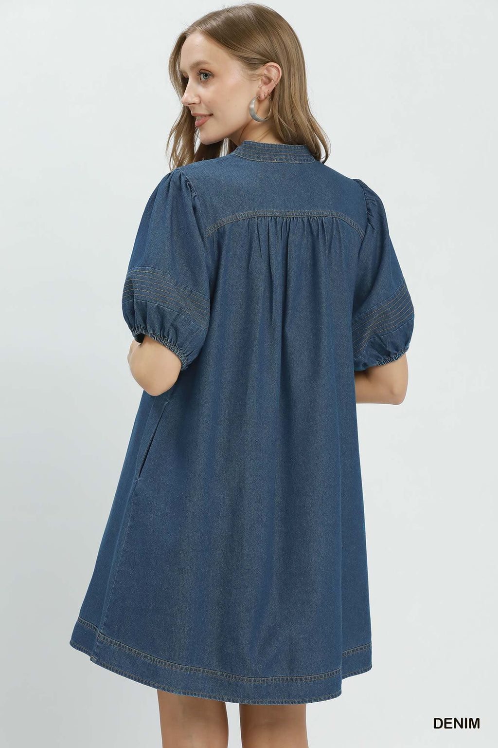 Umgee-Chambray Dress Puff Sleeve Dress