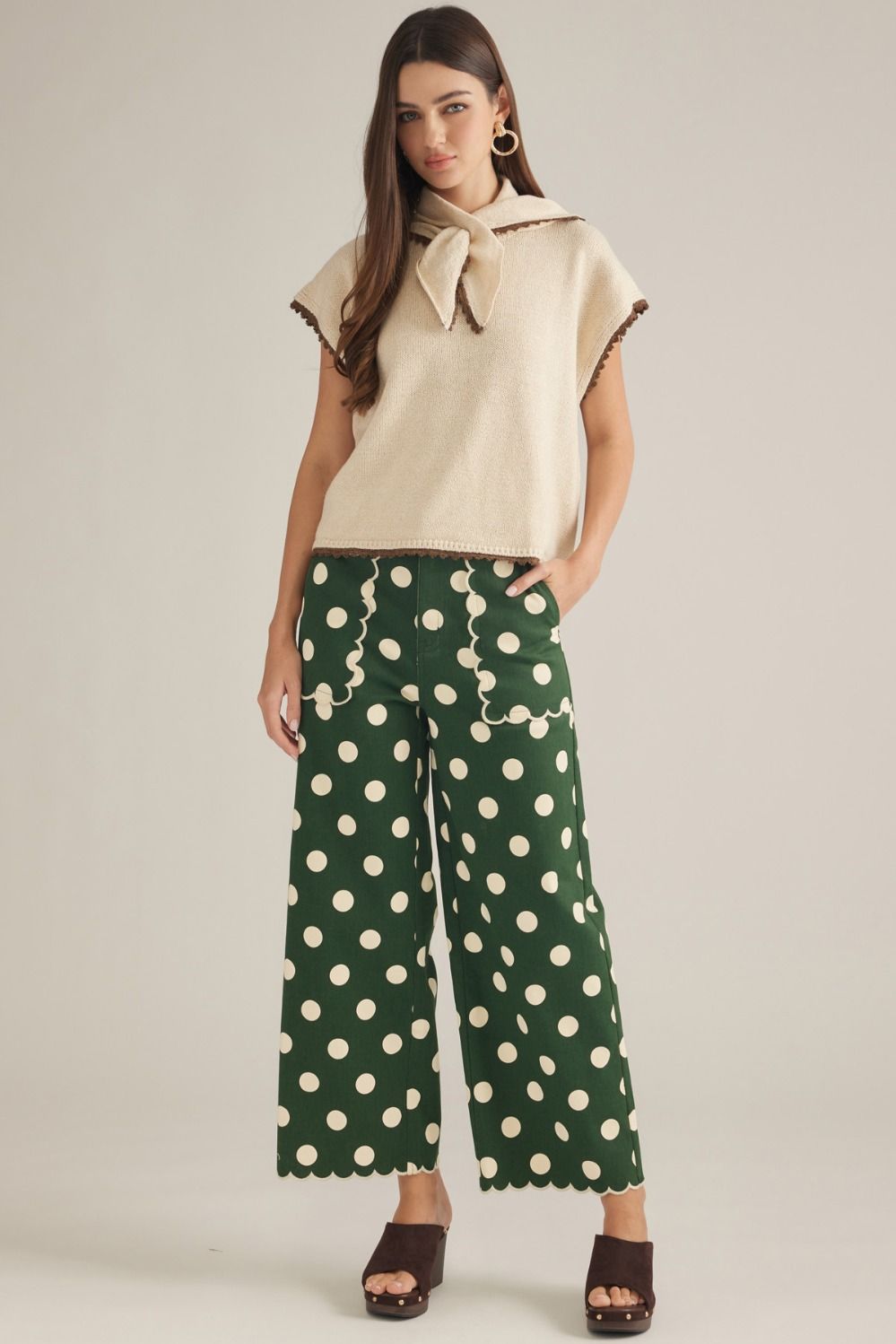 Entro-Polka dot wide leg pants featuring scallop trim.
