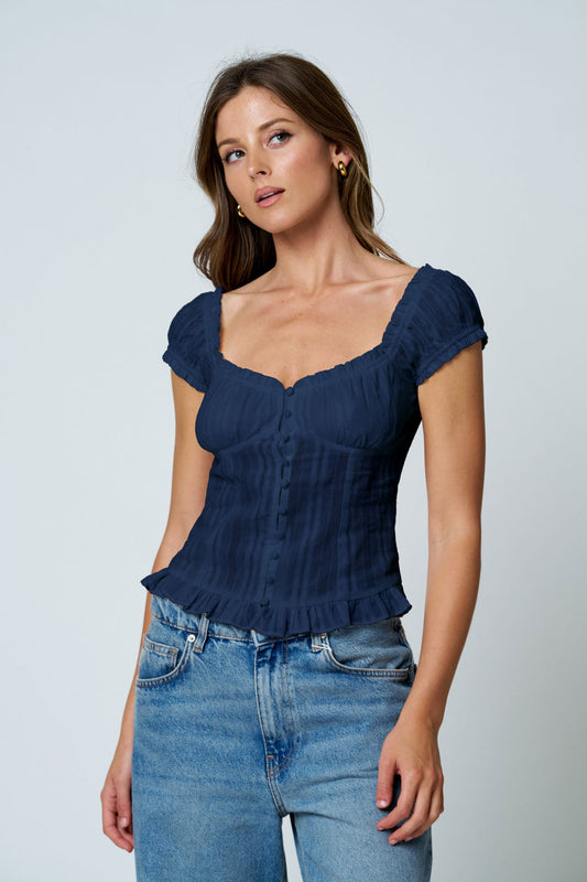 Blu Pepper-STRIPE TEXTURE RUFFLE TRIM BUTTON DOWN TOP