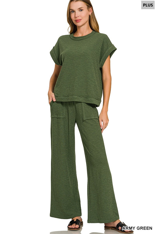 Zenana-PLUS SLUB SHORT SLEEVE TEE & LONG PANTS SET