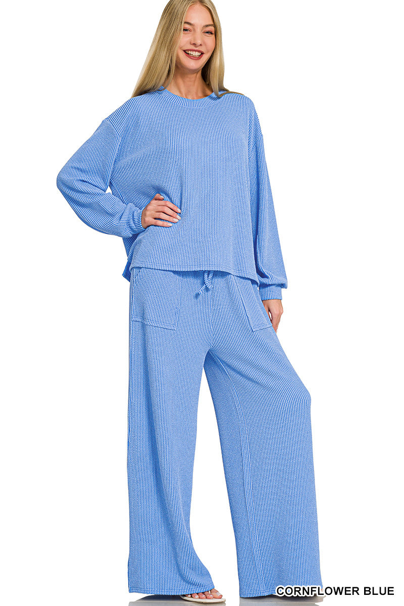 Zenana-Raised Rib pant set w/pockets