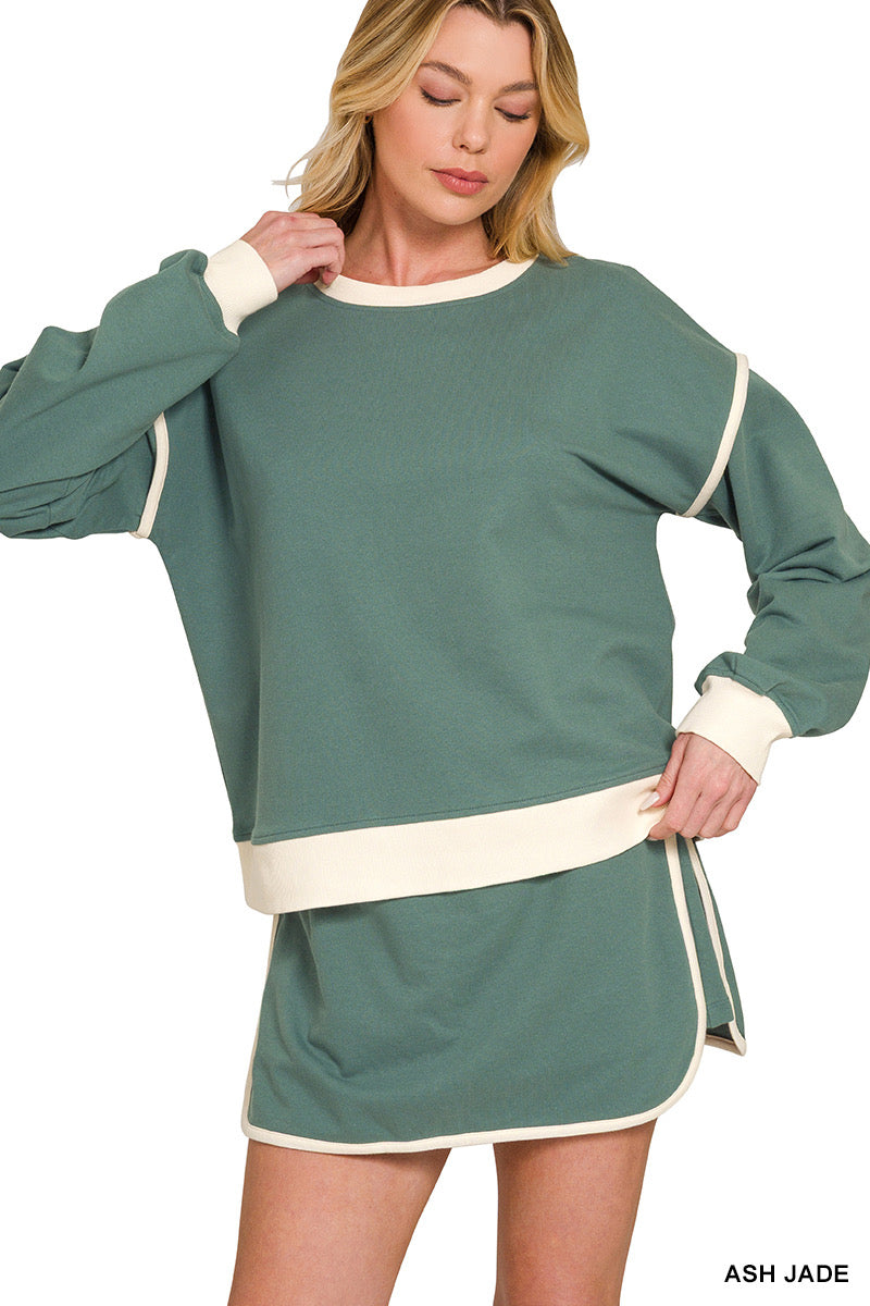Zenana-FRENCH TERRY DROP SHOULDER PULLOVER & SKORTS SET