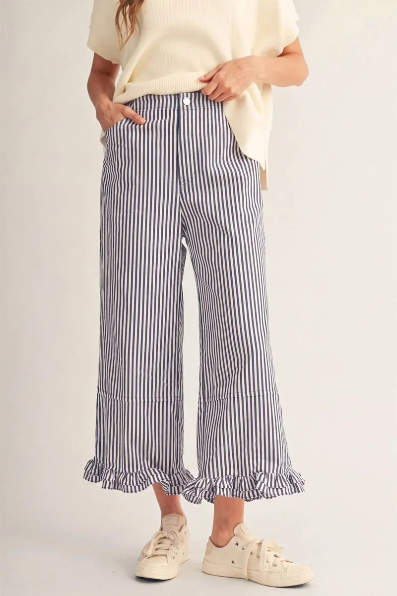 Jodifl-Wide leg stripe casual pants with ruffle hem.