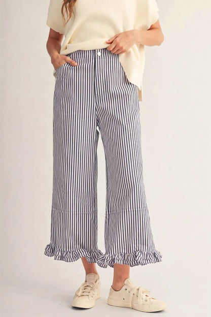 Jodifl-Wide leg stripe casual pants with ruffle hem.